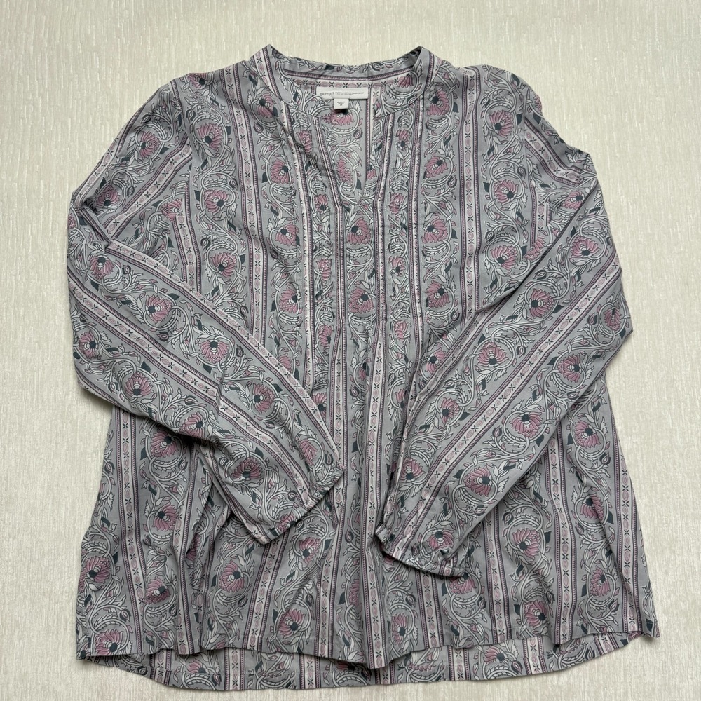 J. Jill Pure Jill Tunic Top Womens Medium Gray Pink Floral Organic Cotton Boho